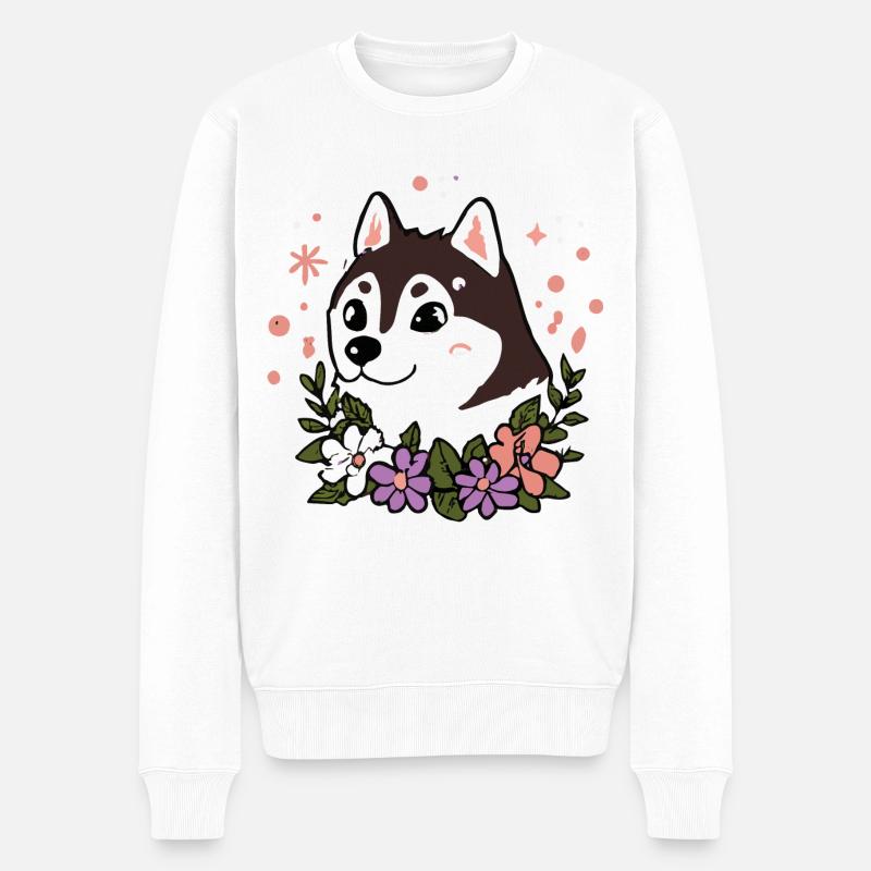 Husky Fleurs Chien Malamute - Pull Premium bio Homme - blanc