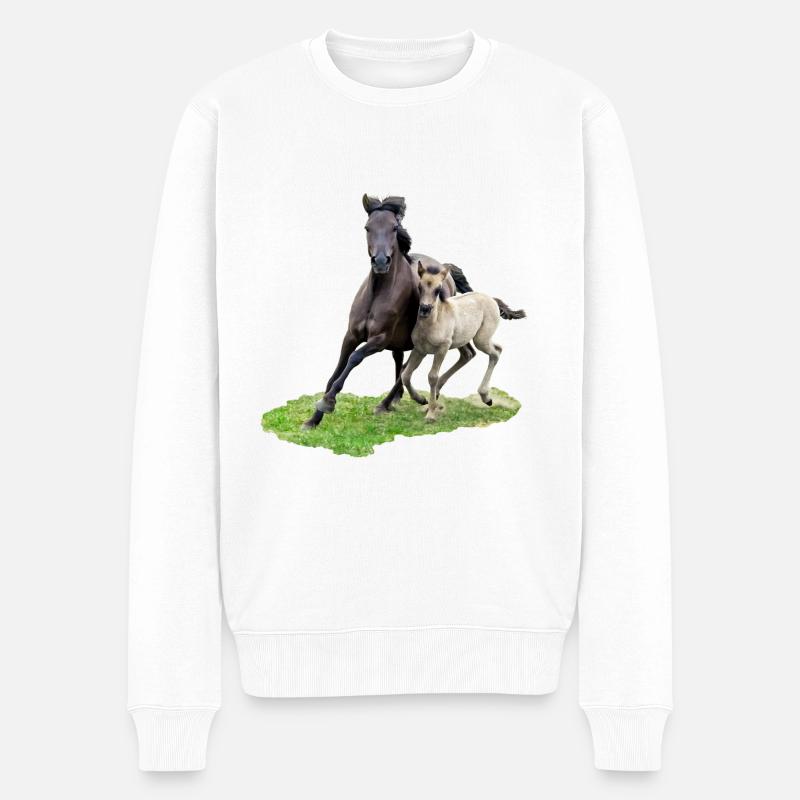 Dülmener Wildpferde Stute mit Fohlen im Galopp - Männer Premium Bio Pullover - Weiß