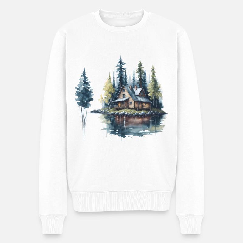 Hütte am See Aquarell - Männer Premium Bio Pullover - Weiß