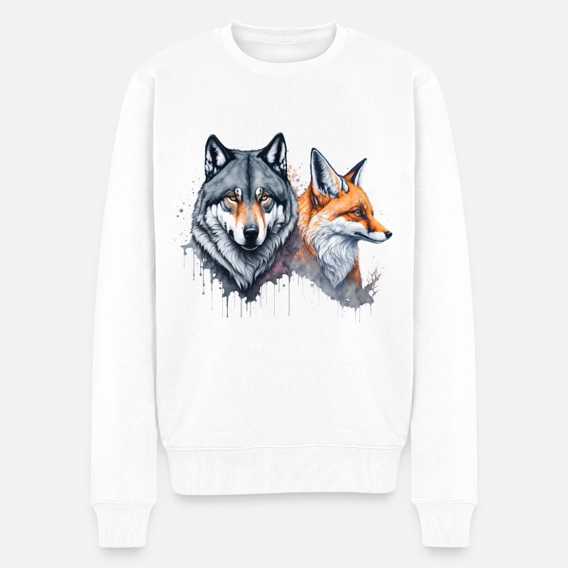 Wild Harmony: Aquarell Wolf und Fuchs - Männer Premium Bio Pullover - Weiß