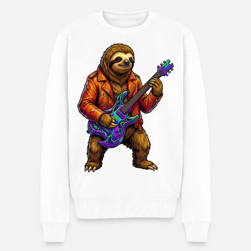 Faultier in Lederjacke mit Neon E-Gitarre - Männer Premium Bio Pullover - Weiß