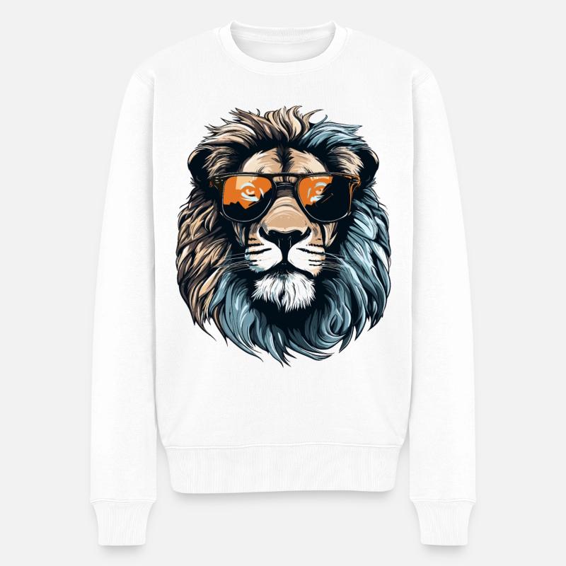 Löwe mit Sonnenbrille - Männer Premium Bio Pullover - Weiß