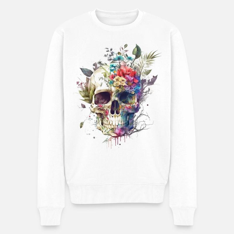Totenkopf mit Blumen - Männer Premium Bio Pullover - Weiß