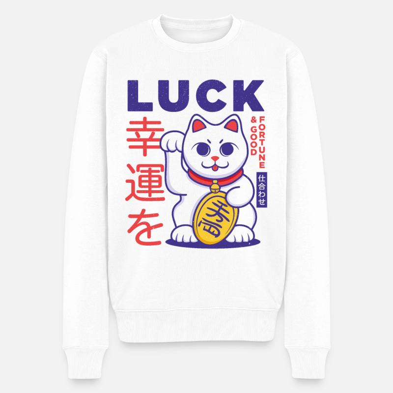 Glückliche japanische Katze - Männer Premium Bio Pullover - Weiß