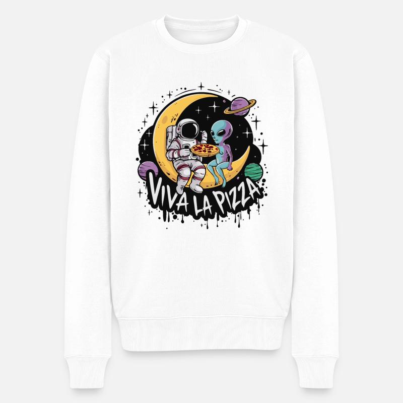 Viva la pizza - Astronaut und Alien essen Pizza - Männer Premium Bio Pullover - Weiß