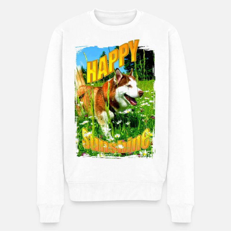 Fröhlicher Hund im Blumenfeld - Männer Premium Bio Pullover - Weiß