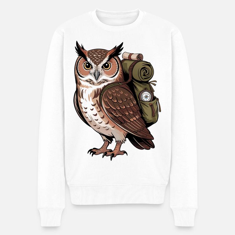 Wandernde Eule mit Rucksack - Männer Premium Bio Pullover - Weiß