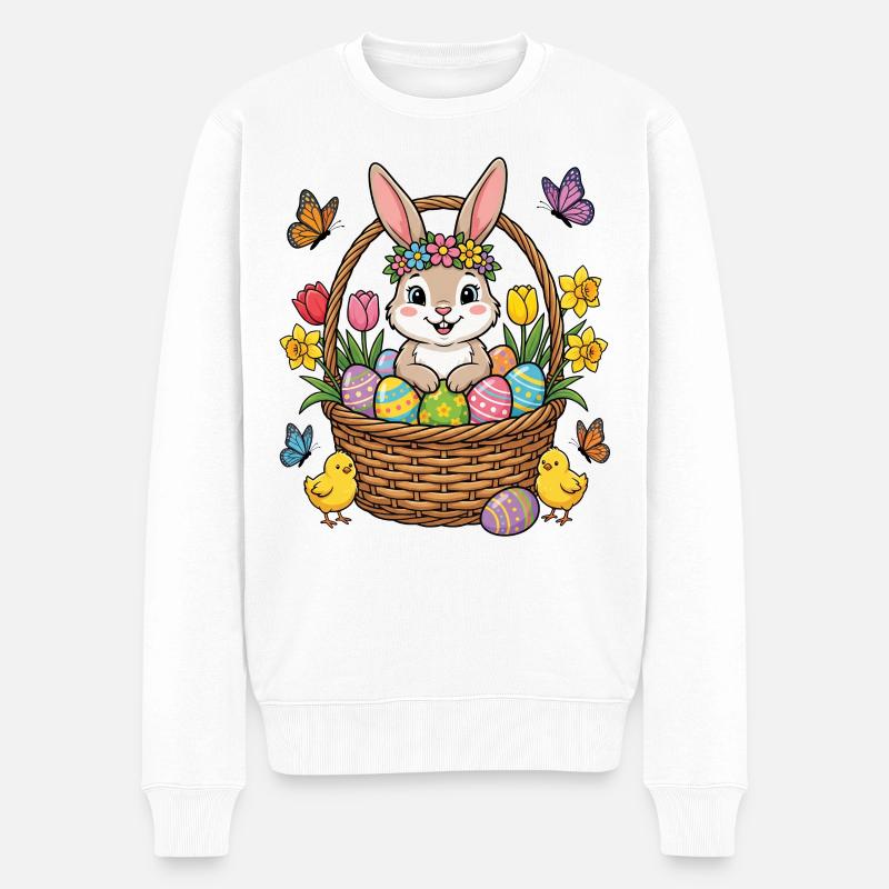 Osterhase im Blumenkorb – Frohe Ostern - Männer Premium Bio Pullover - Weiß