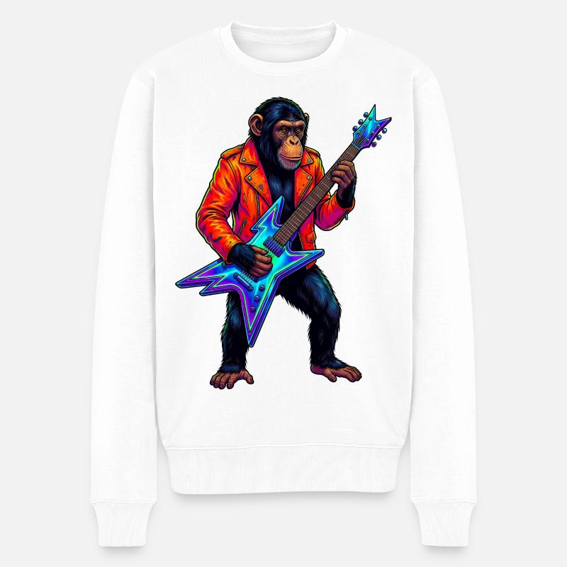Chimpanzé en veste en cuir et guitare électrique fluo - Pull Premium bio Homme - blanc