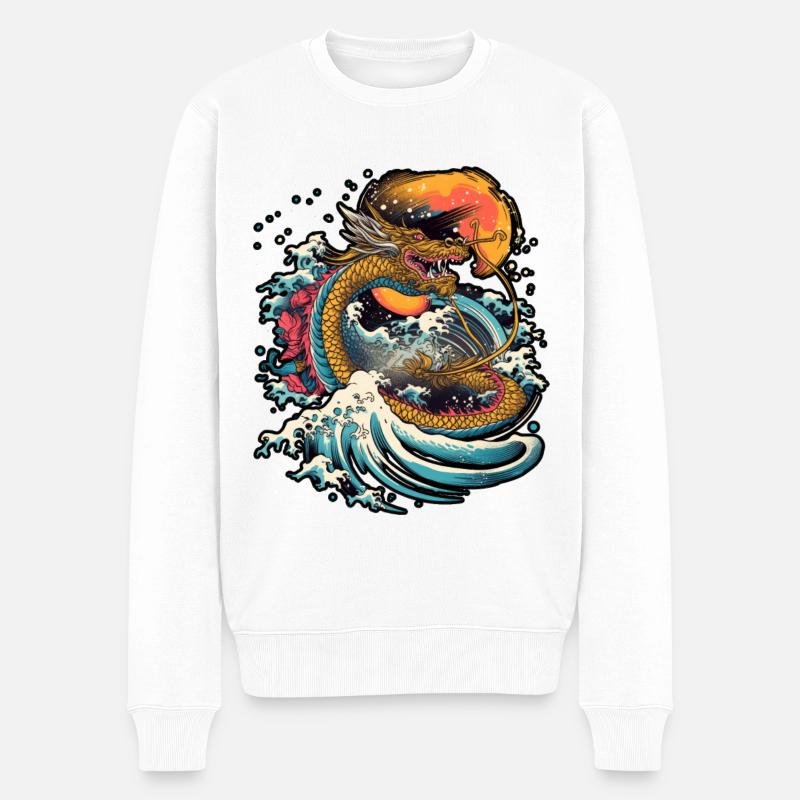 Chinesischer Drache taucht aus dem Wasser auf - Männer Premium Bio Pullover - Weiß