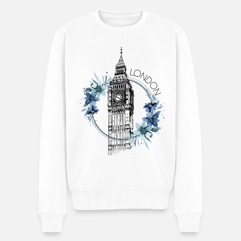 London Big Ben England Blumen Line Art Kunst - Männer Premium Bio Pullover - Weiß