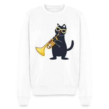 lustige Katze mit Sonnenbrille spielt Trompete - Männer Premium Bio Pullover - Weiß - Vorne - Thijin (182cm)