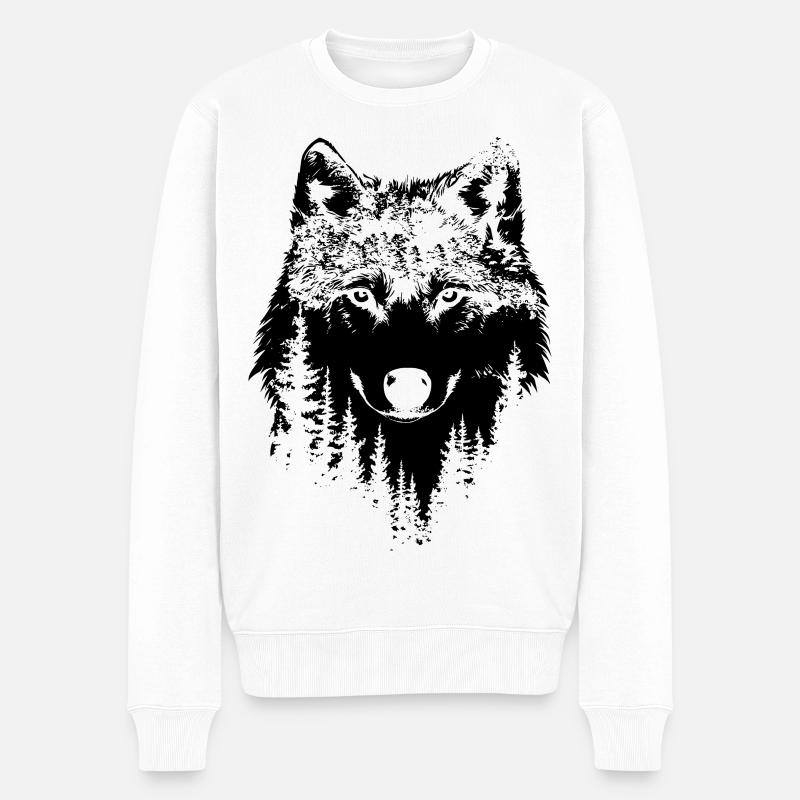 Wolf Wald Silhouette - Männer Premium Bio Pullover - Weiß
