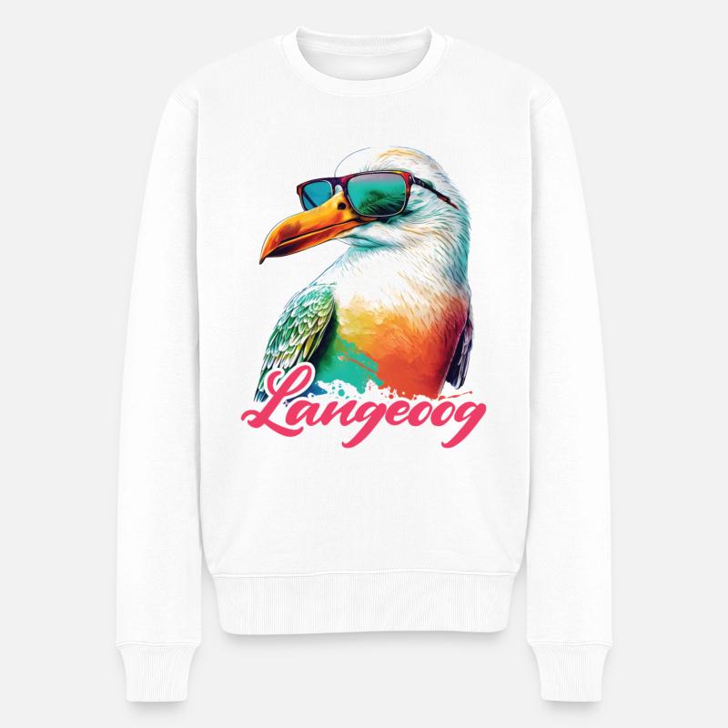 Langeoog Urlaub coole bunte Möwe mit Sonnenbrille - Männer Premium Bio Pullover - Weiß