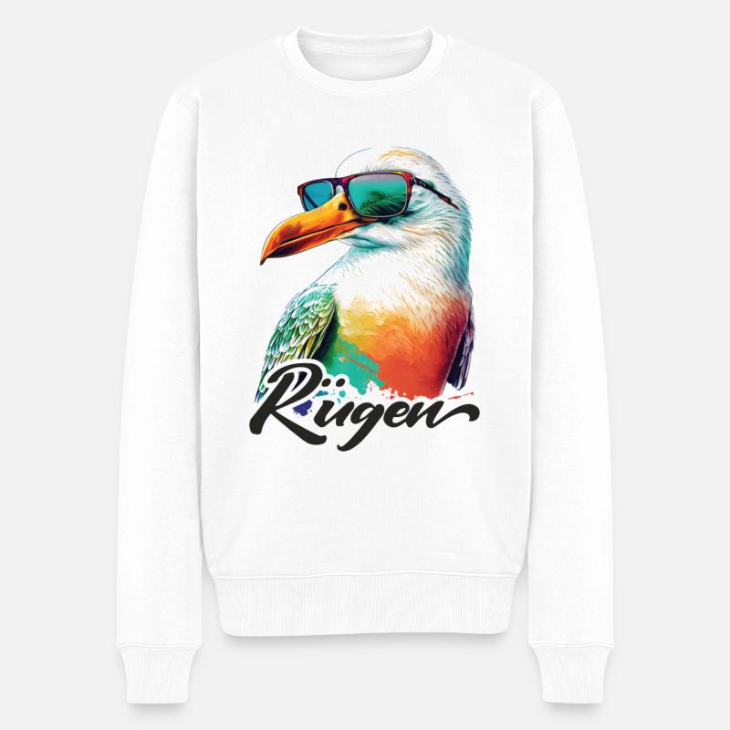 Rügen Urlaub coole bunte Möwe mit Sonnenbrille - Männer Premium Bio Pullover - Weiß