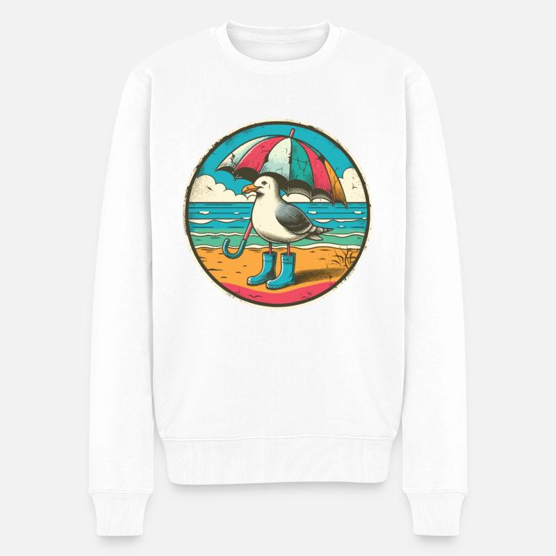 Pop Art Möwe mit Gummistiefel und Regenschirm - Männer Premium Bio Pullover - Weiß