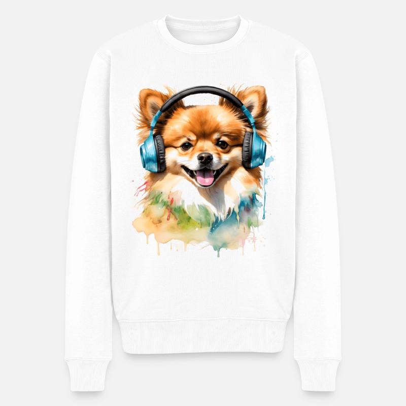 Pomeranian Zwergspitz Kopfhörer Hund Print - Männer Premium Bio Pullover - Weiß
