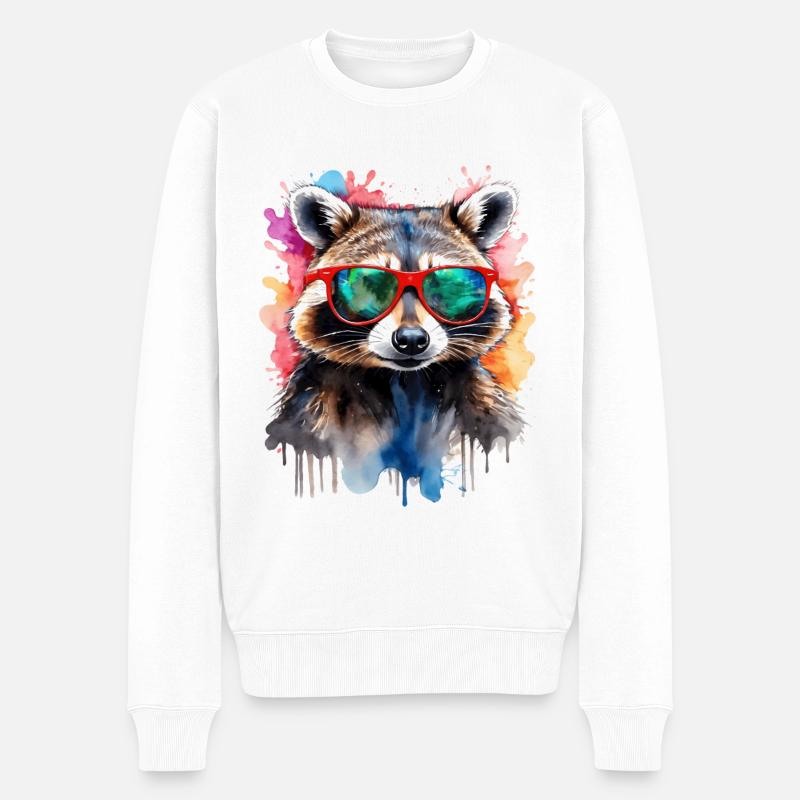 Waschbär Sonnenbrille Bunt Tier Design Print - Männer Premium Bio Pullover - Weiß