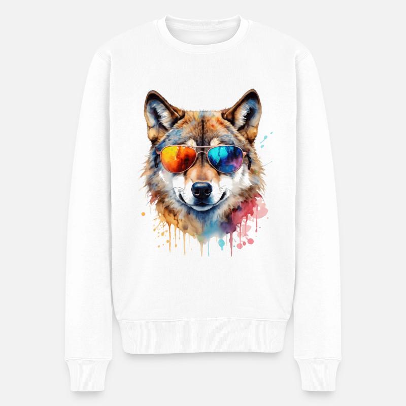 Wolf Sonnenbrille Bunt Tier Design Print - Männer Premium Bio Pullover - Weiß