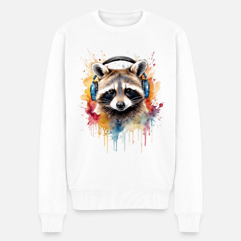 Waschbär Kopfhörer Musik Bunt Tier Design Print - Männer Premium Bio Pullover - Weiß