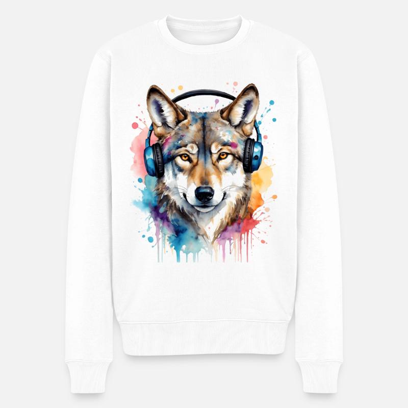 Wolf Kopfhörer Musik Bunt Tier Design Print - Männer Premium Bio Pullover - Weiß