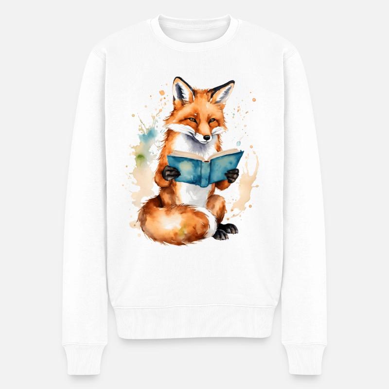 Fuchs Lesen Buch Bunt Tier Design Print - Männer Premium Bio Pullover - Weiß