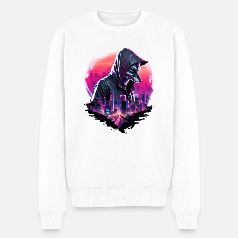 Synthwave Wolf mit Skyline - Männer Premium Bio Pullover - Weiß