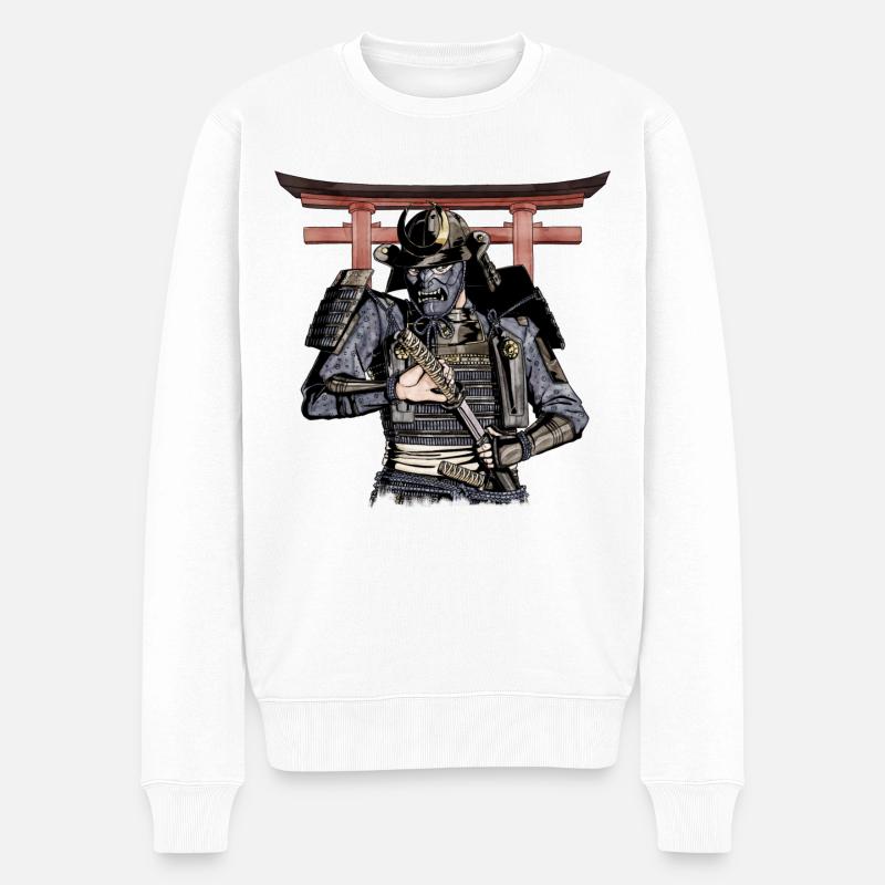 Samouraï bleu dégainant son katana avec Torii - Pull Premium bio Homme - blanc