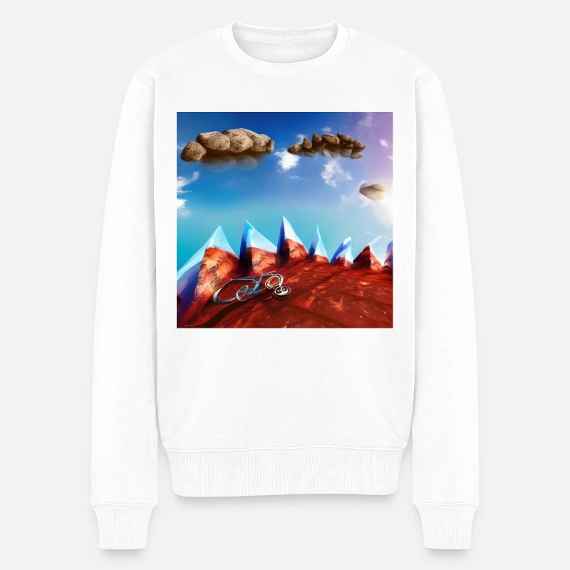 bicicule dans la montagne avec un ciel ensoleillé et des rochers - Pull Premium bio Homme - blanc