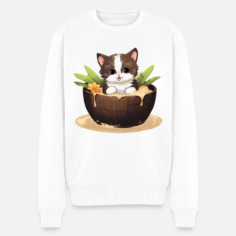 Katze mit Kokosnuss, Süßes Sommerdesign - Männer Premium Bio Pullover - Weiß
