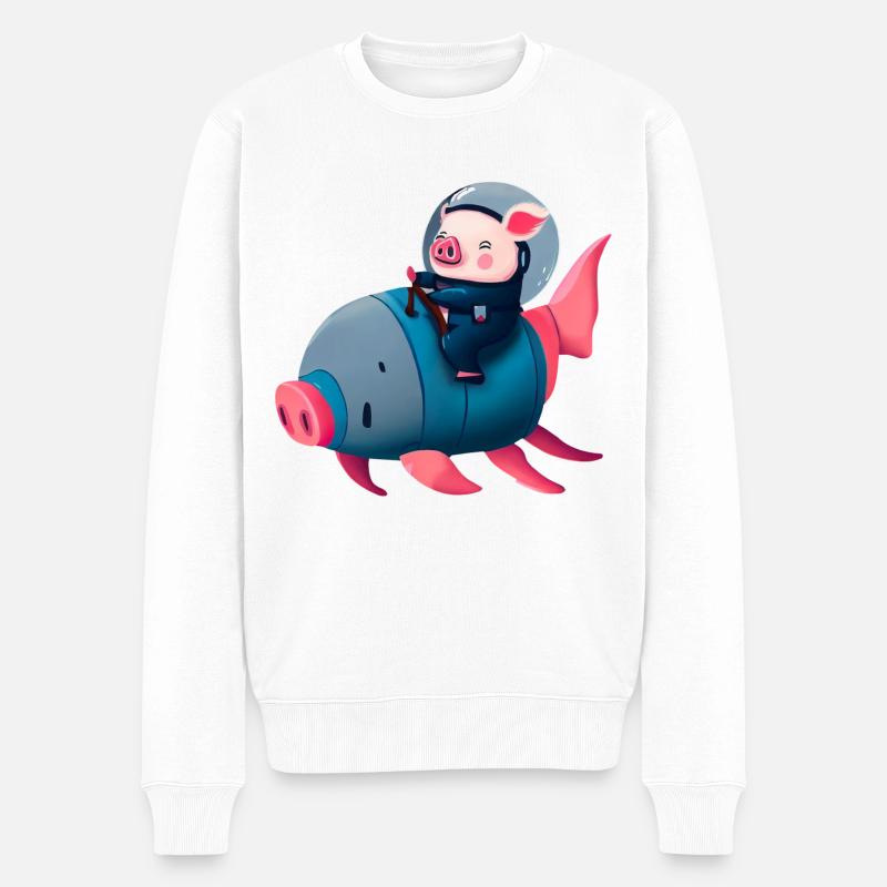 Schwein Astronaut auf Schweine Rakete - Männer Premium Bio Pullover - Weiß