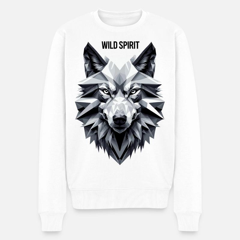 Geometrischer Wolf mit "Wild Spirit" Motiv - Männer Premium Bio Pullover - Weiß