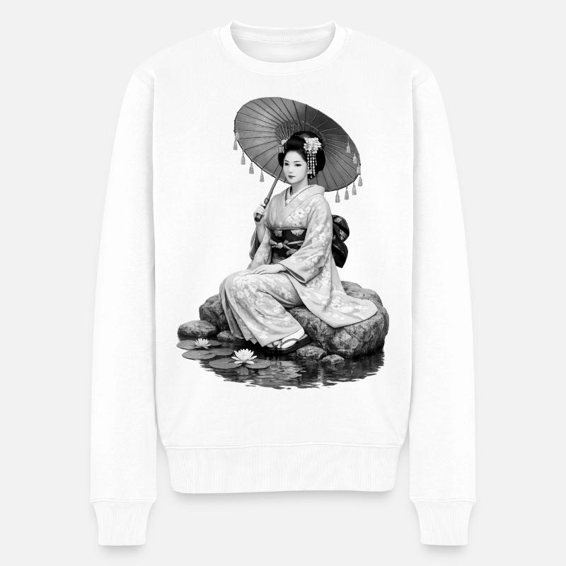 Geisha en kimono avec parapluie - Pull Premium bio Homme - blanc
