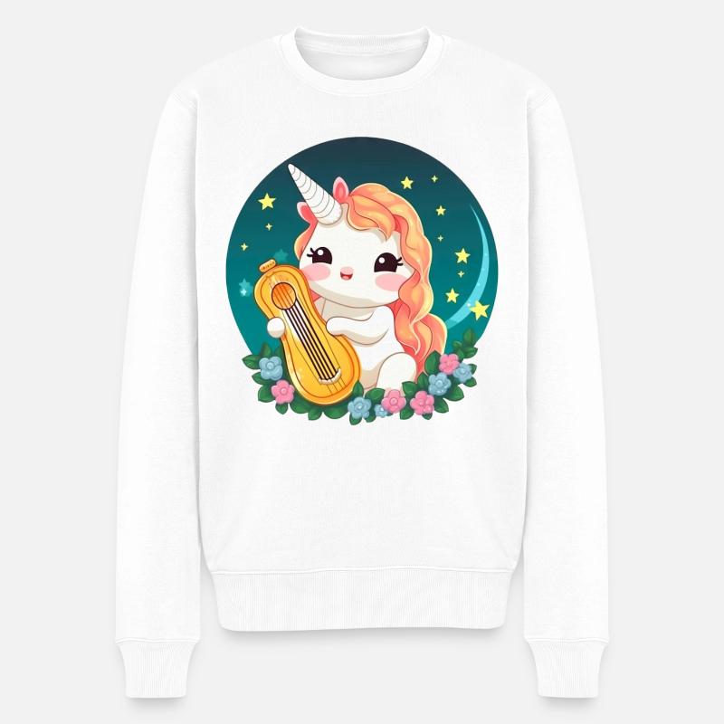 Einhorn mit Zupfinstrument - Männer Premium Bio Pullover - Weiß