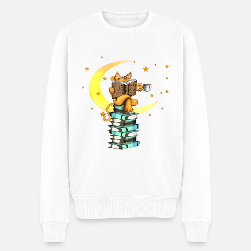 Katzen Kaffee Leseratte Bücher lesen Stubentiger - Männer Premium Bio Pullover - Weiß
