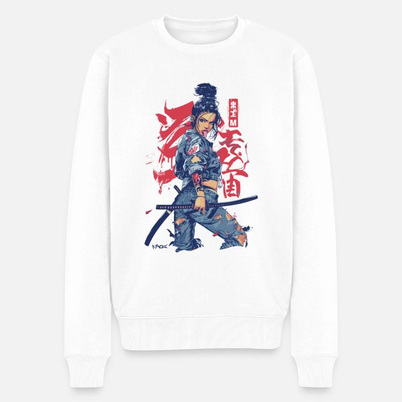 Verdammt! Samurai Straßenkampf Denim Anime Mädchen - Männer Premium Bio Pullover - Weiß