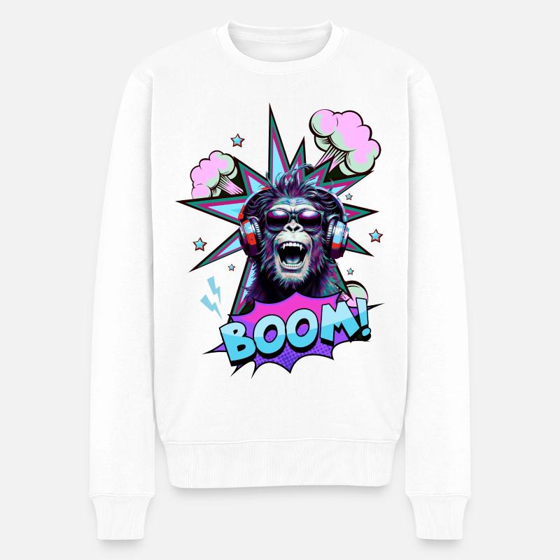 Neon Affe mit Kopfhörern BOOM! - Musik-Design - Männer Premium Bio Pullover - Weiß