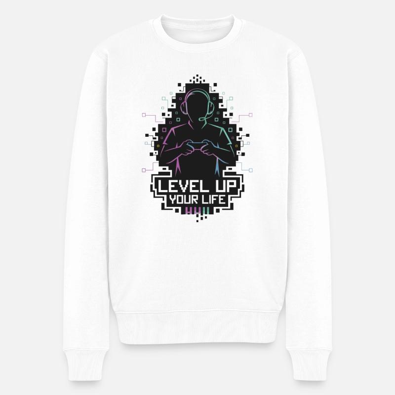 Level Up Your Life – Gamer-Silhouette - Männer Premium Bio Pullover - Weiß