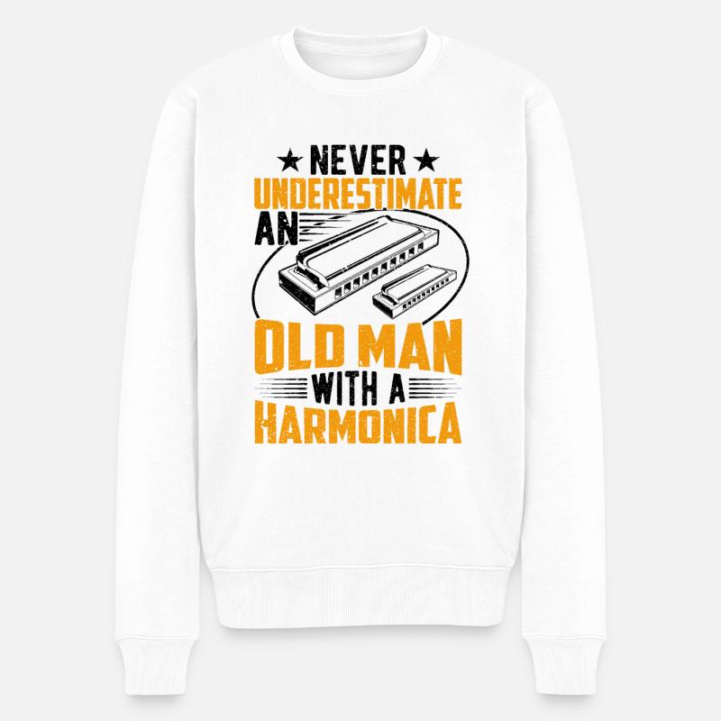 Alter Mann mit Mundharmonika - Männer Premium Bio Pullover - Weiß