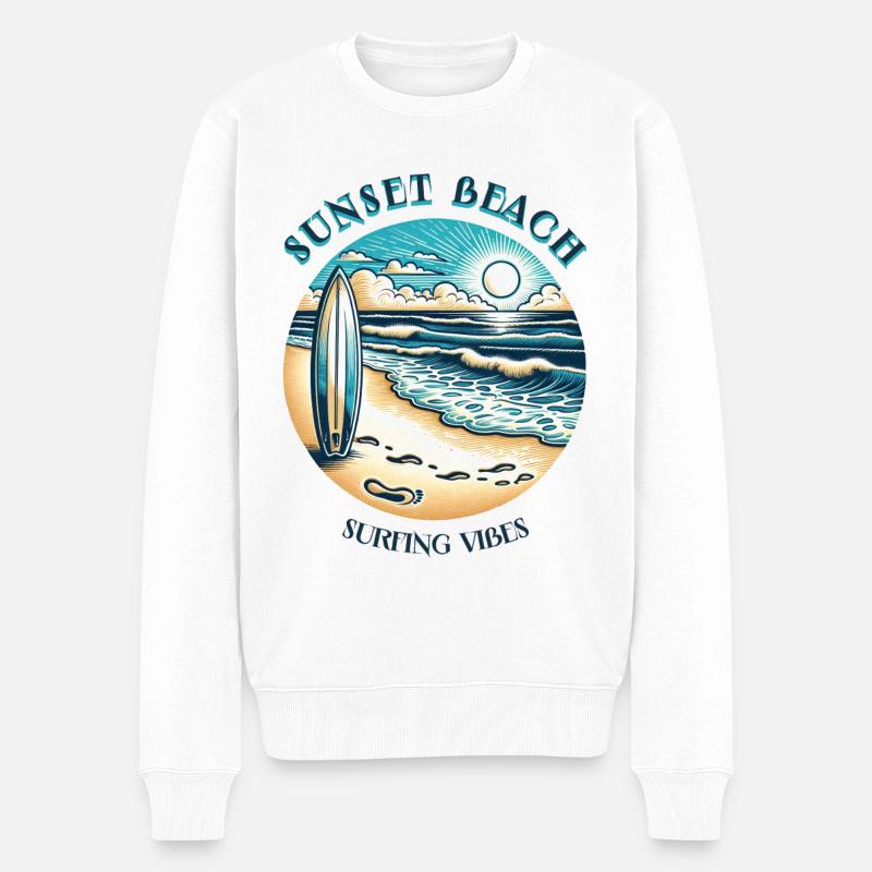Ambiance de surf sur la plage au coucher du soleil - Pull Premium bio Homme - blanc