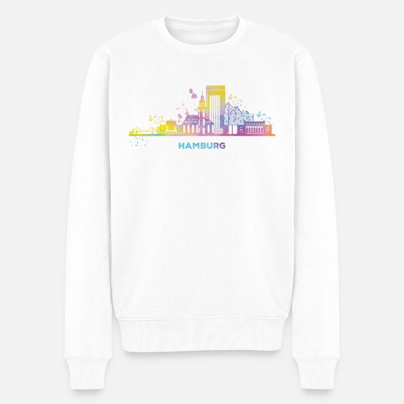 Hamburger Skyline Bunt Stadtbild Hamburg - Männer Premium Bio Pullover - Weiß