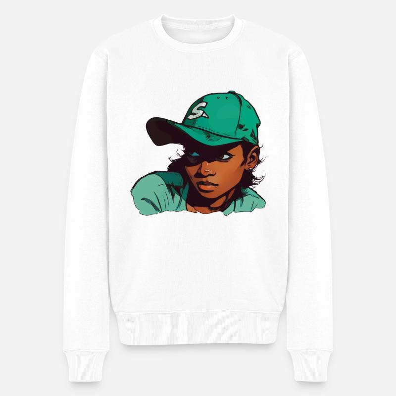 Hellhäutiges Mädchen mit Baseballmütze - Männer Premium Bio Pullover - Weiß