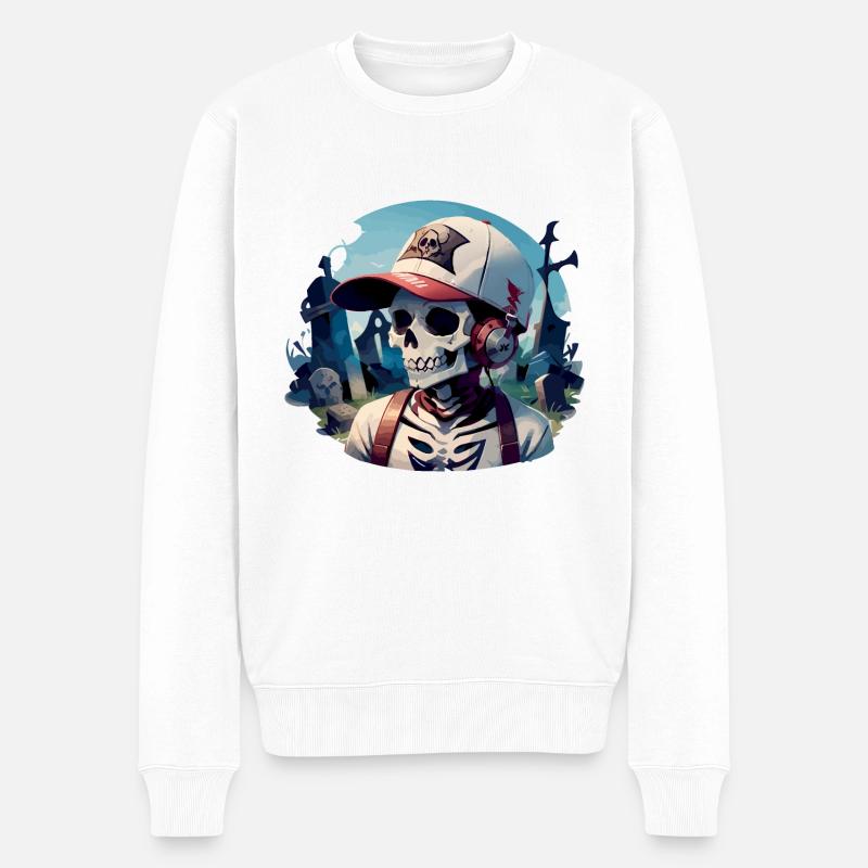 Friedhofsschädel mit Kopfhörern - Männer Premium Bio Pullover - Weiß