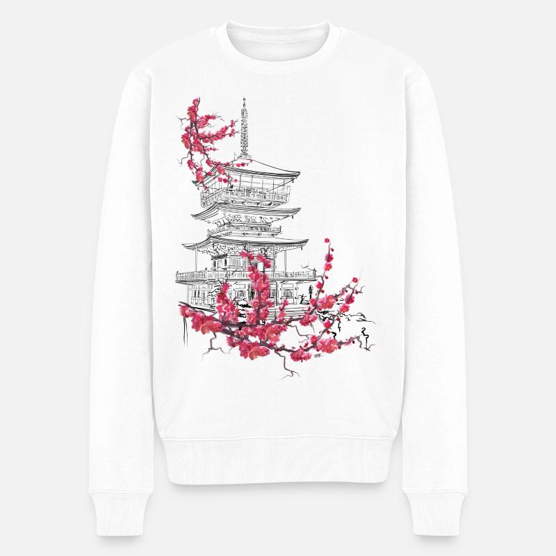 Pagode und Sakura - Männer Premium Bio Pullover - Weiß