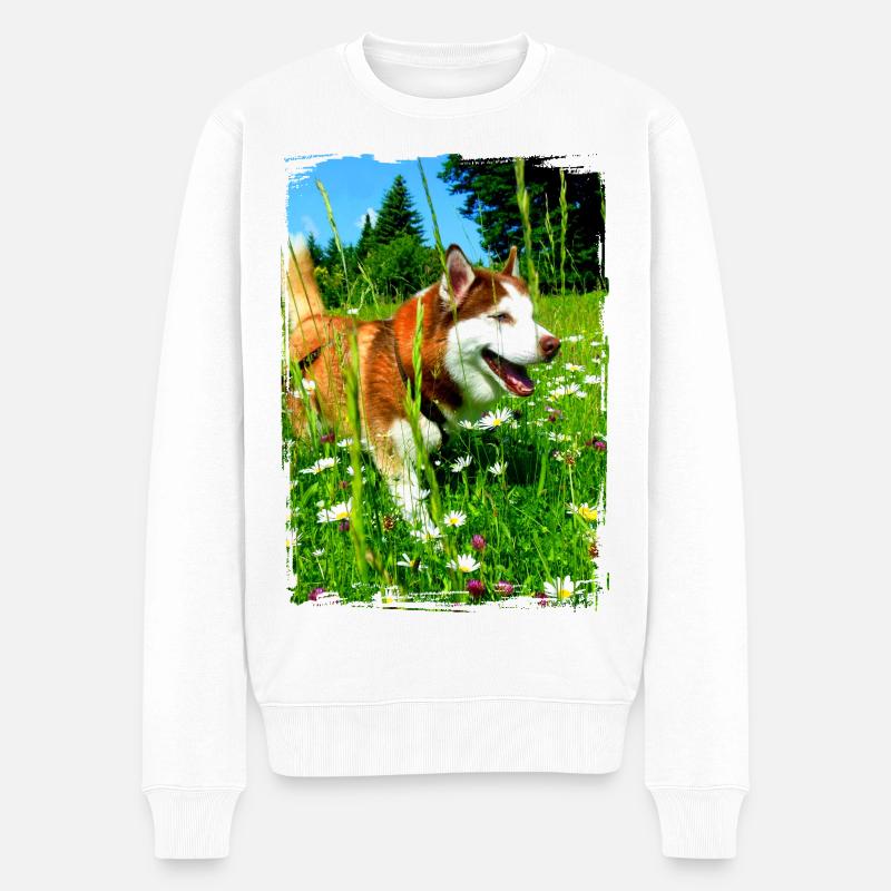 Husky im Blumenfeld - Männer Premium Bio Pullover - Weiß