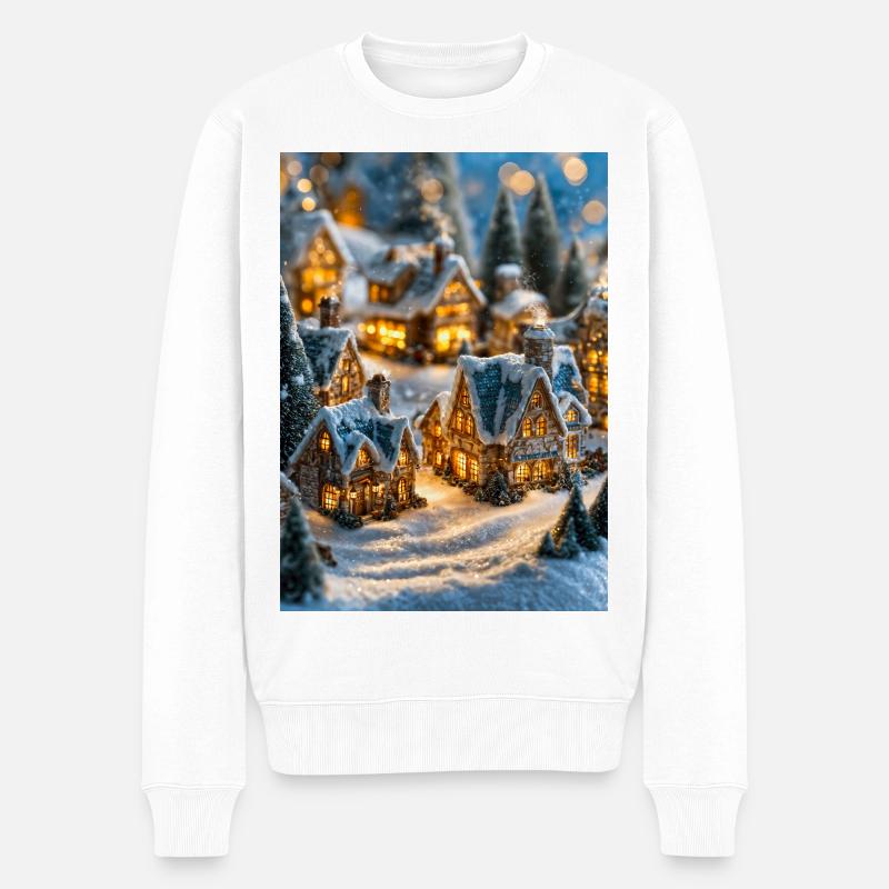 Chaleureux village enneigé lueur d’hiver - Pull Premium bio Homme - blanc