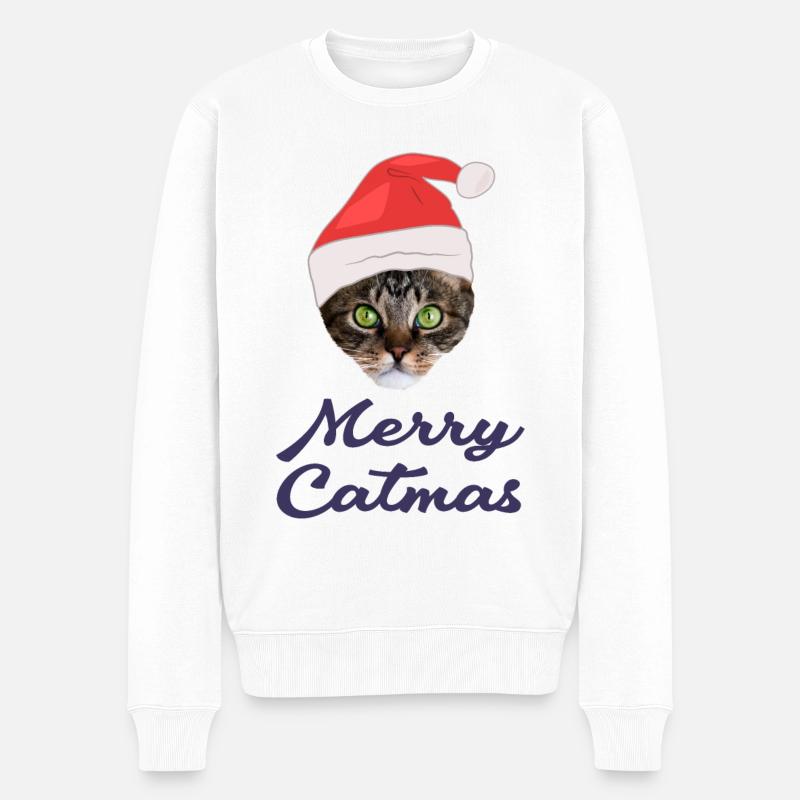 Weihnachtskatze mit Weihnachtsmütze, Merry Catmas - Männer Premium Bio Pullover - Weiß
