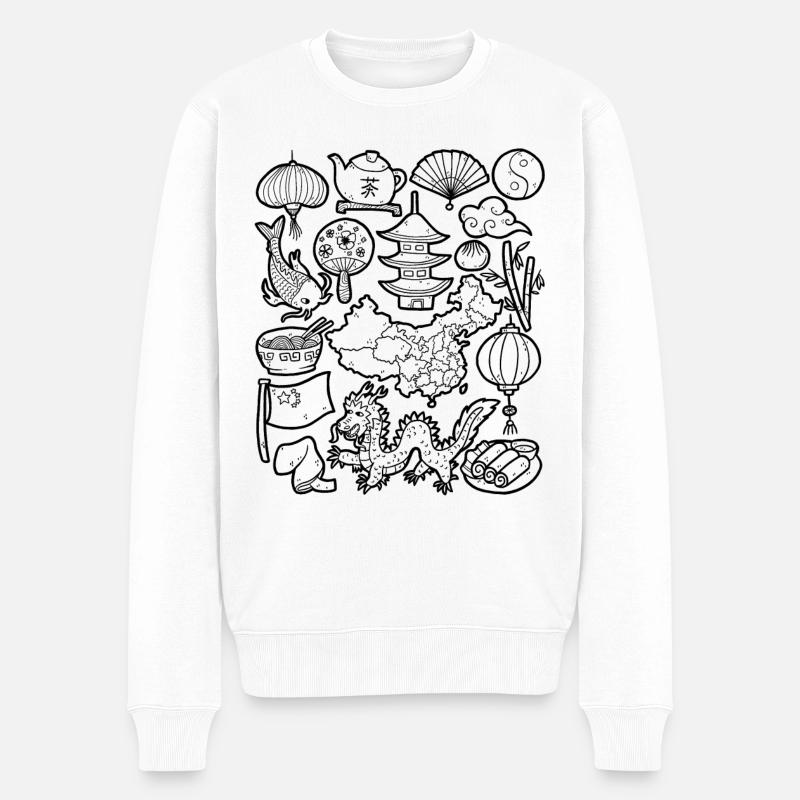 Chine - Doodle Illustration - Pull Premium bio Homme - blanc