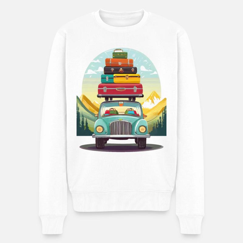 Auto mit Koffern und Gepäck auf dem Dach - Männer Premium Bio Pullover - Weiß