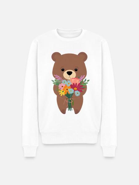Bär mit Blumenstrauß - Männer Premium Bio Pullover - Weiß